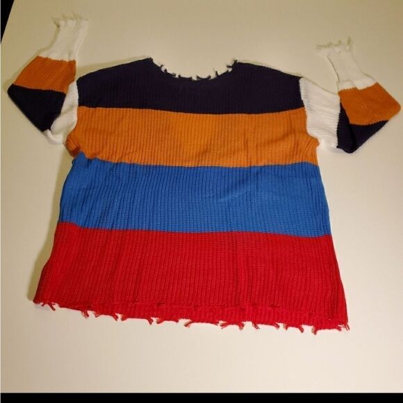 NEW M MILITARY HIPPIE OVERSIZED vneck FRAYED fringe trim striped SWEATER medium - Picture 5 of 7